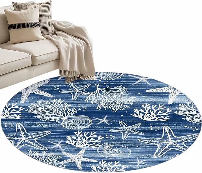 Navy Blue Coastal 3ft Round Rug, Ocean Coral Starfish Non-Skid Rubber Backing Large Area Rugs - Living Room Bedroom Home Office, Summer Beach Indoor Floor Mat Carpets Washable Rug