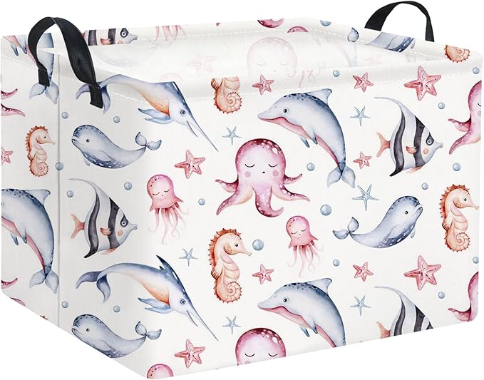 HIYAGON Rectangular Ocean Basket for Kids Baby Basket for Boys and Girls Cute Toy Storage Organizer Bin Box Sea Fishes Room Decor(Sea Fishes)