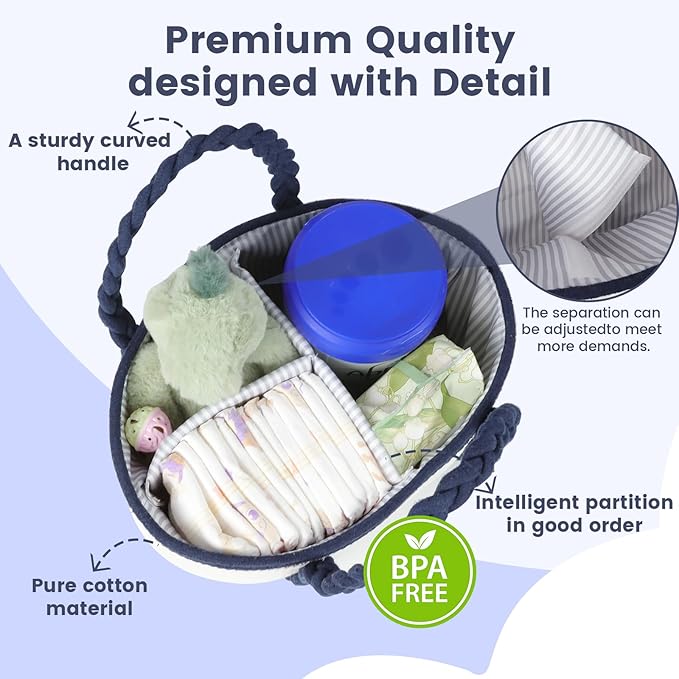Baby Diaper Caddy, Portable Diaper Organizer for Changing Table, Car Travel Baby Shower Gifts Newborn Essentials, Cotton Rope Nursery Storage Basket for Boys (White＆Navy Blue)