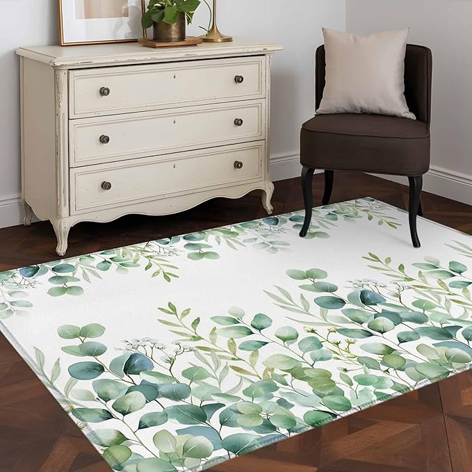 Sage Green Eucalyptus Leaves 3x5 Area Rugs, Farmhouse Botanical Non-Skid Rubber Backing Large Rectangle Rugs - Living Room Bedroom Home Office, Country Indoor Floor Mat Carpets Washable Rug
