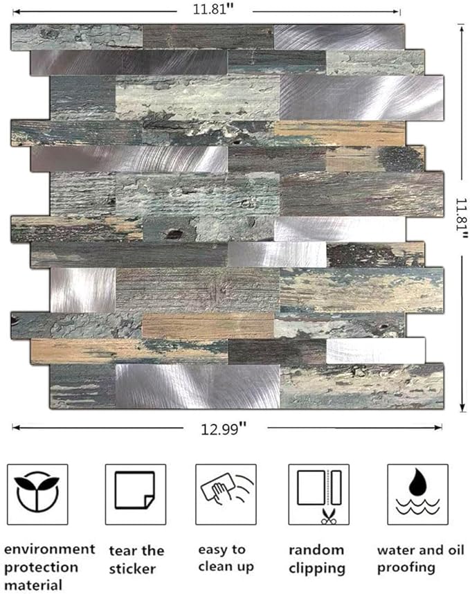 10-Sheet Peel and Stick Backsplash Tile, PVC Mixed Meta,l Stick on Kitchen, Bathroom Vanities, Fireplace Décor, Laundry Table(11.2" X 12.7") (10, Wooden Green+Frosted Silver)