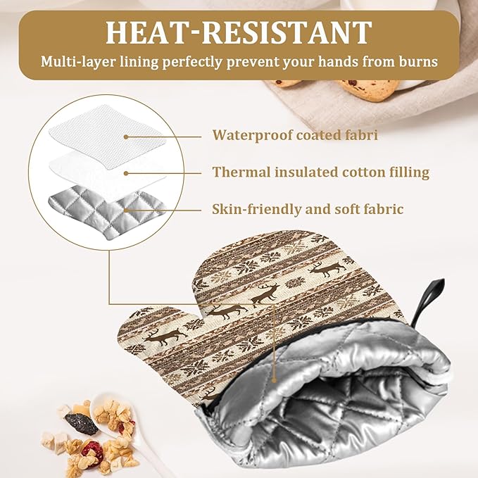 Brown Rustic Deer Oven Mitts and Pot Holders Sets 4Pcs Wild Animal Silicone Kitchen Gloves Heat Resistant Potholders for Baking Cooking Grilling BBQ