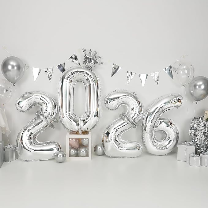 2026 Balloons Silver,40 Inch 2026 Number Balloons with Foil Crown Balloons for Happy New Year Decorations New Years Eve 2026 Graduation Decorations Class of 2026 Party Supplies