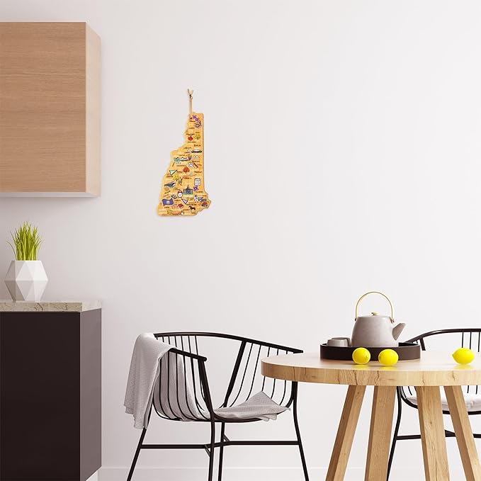 Totally Bamboo New Hampshire State Shaped Cutting Board and Charcuterie Serving Platter with Artwork by Fish Kiss, Includes Hang Tie for Wall Display
