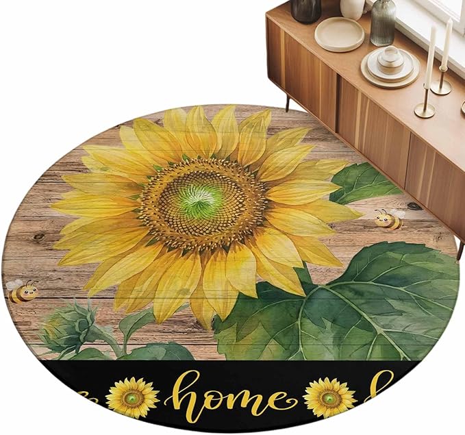 Washable Round Area Rug Summer Sunflowers Bees Circle Rugs Floor Carpet for Living Room Bedroom, Farmhouse Wood Background Soft Non Slip Round Rug 5ft
