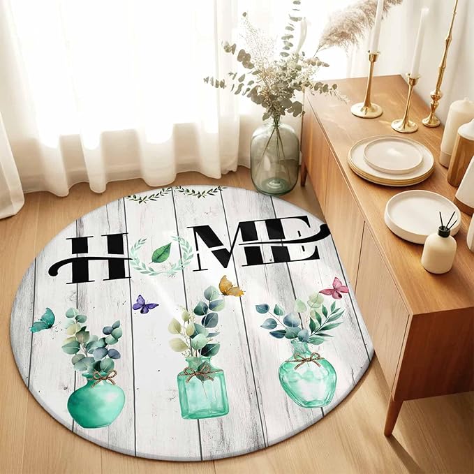 Washable Round Area Rug Summer Eucalyptus Leaf Colorful Butterfly Circle Rugs Floor Carpet for Living Room Bedroom, Home Text Wood Plank Soft Non Slip Round Rug 3ft