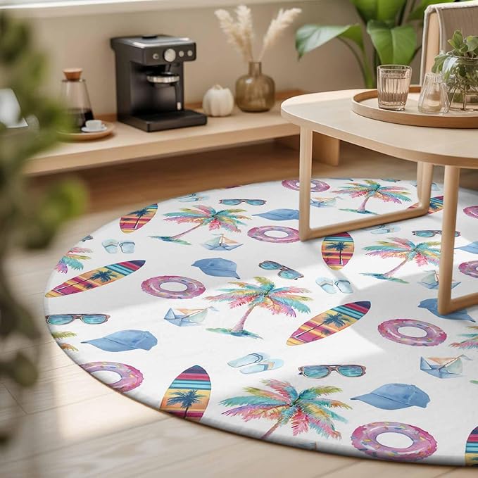 Washable Round Area Rug Summer Surfboard Coconut Tree Circle Rugs Floor Carpet for Living Room Bedroom, Tropical Seamless Pattern Soft Non Slip Round Rug 3ft