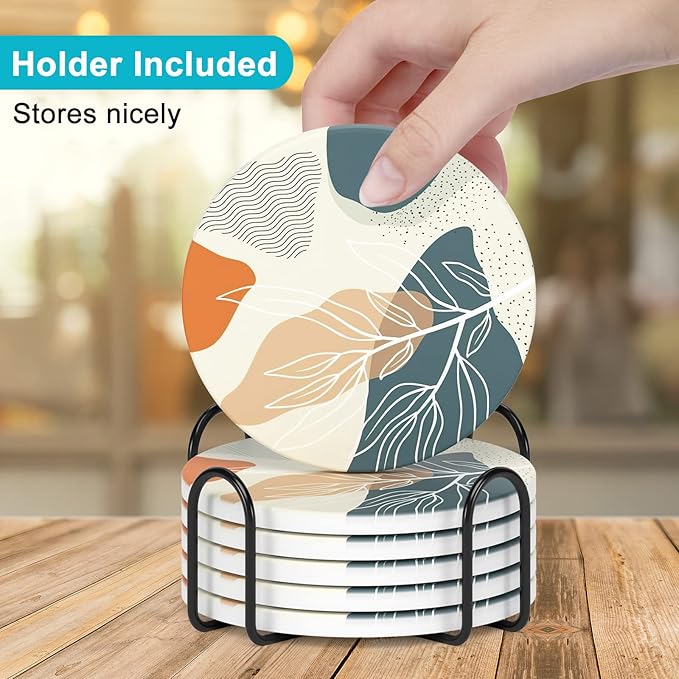 Nipichsha Coasters for Drinks, Set of 6 Cute Absorbent Ceramic Drink Coasters for Cup with Holder and Cork Base, Kitchen Home Decor Housewarming Gift, Round 4 in, Abstract Boho Leaf