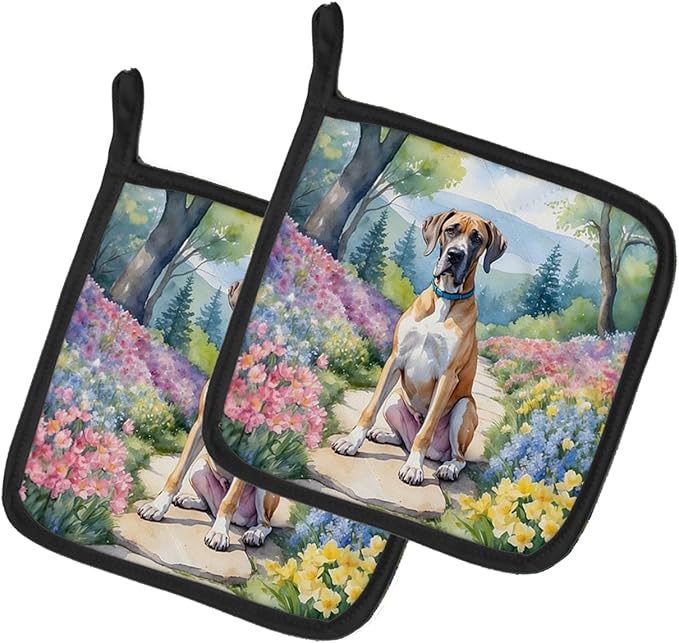 Caroline's Treasures Great Dane Spring Path Pair of Pot Holders Kitchen Heat Resistant Pot Holders Sets Oven Hot Pads for Cooking Baking BBQ, 7 1/2 x 7 1/2