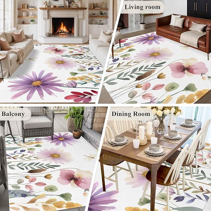 Area Rug 6x9ft, Country Field Purple Flowers Washable Rugs for Living Room Bedroom, Farm Floral Art Soft Non-Slip Area Rugs Rectangle Floor Carpet for Dining Room