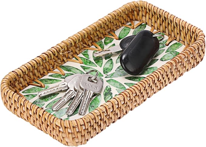 Decorative Key Basket Tray fot Entryway Table Woven Rattan Tray with Mother-of-Pearl Inlay Rectangular Wicker Display Basket for Jewlry, Green
