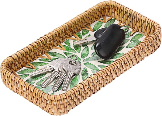 Decorative Key Basket Tray fot Entryway Table Woven Rattan Tray with Mother-of-Pearl Inlay Rectangular Wicker Display Basket for Jewlry, Green