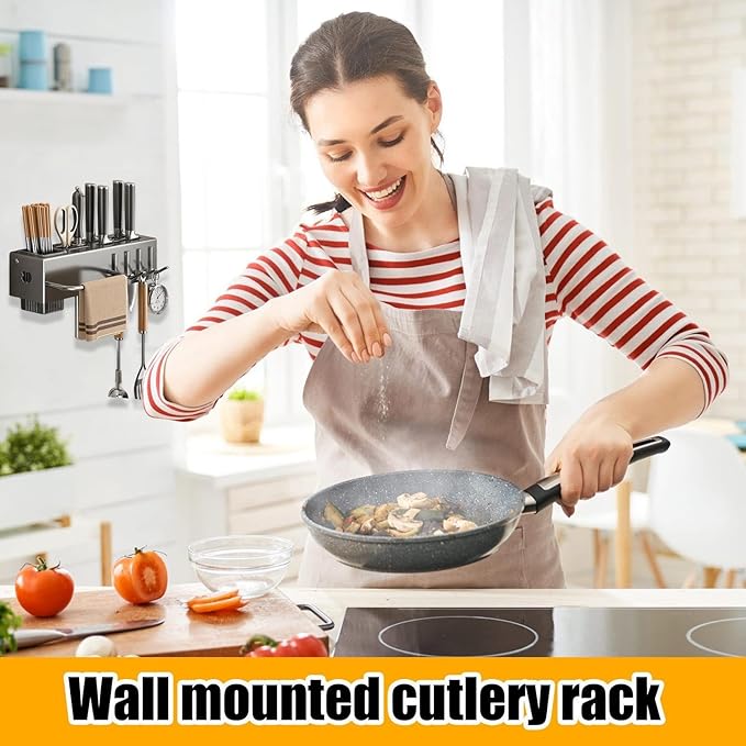Wall Utensil Rack, Hanging Cutlery Organizer, Storage Kitchen Fixture, No-Borer Hook Hanger, Cooking Tool Spatula Spoon Holder, Home Accessory for Towel, Pan, Pot