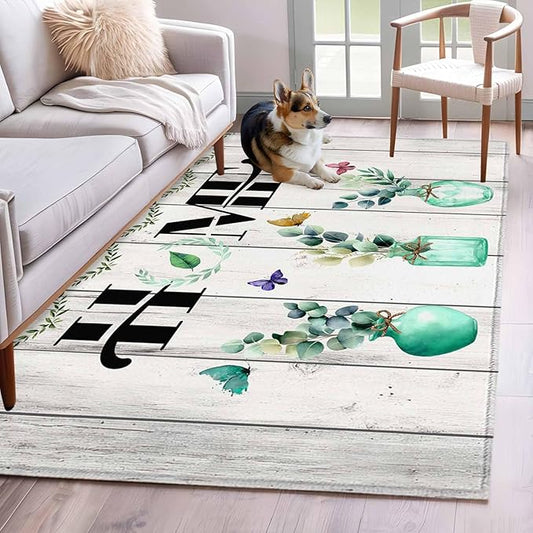 Area Rug 4x6ft, Summer Eucalyptus Leaf Colorful Butterfly Washable Rugs for Living Room Bedroom, Home Text Wood Plank Soft Non-Slip Area Rugs Rectangle Floor Carpet for Dining Room