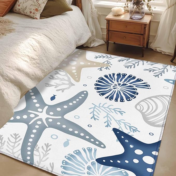Area Rug 3x5ft, Ocean Starfish Shell Conch Washable Rugs for Living Room Bedroom, Sea Blue Coral Seamless Soft Non-Slip Area Rugs Rectangle Floor Carpet for Dining Room