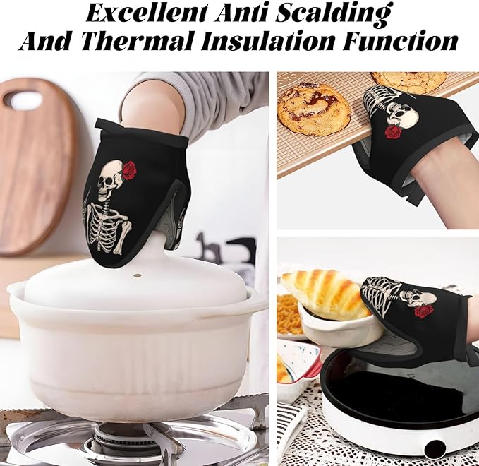 2 Pcs Mini Silicone Oven Mitts Skull Red Rose Floral Heat Resistant Grilling Gloves with Hanging Loop, Valentine's Day Short Kitchen Mittens for Cooking Baking BBQ