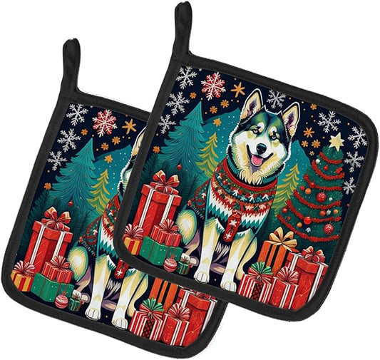 Caroline's Treasures Alaskan Malamute Christmas Pair of Pot Holders Kitchen Heat Resistant Pot Holders Sets Oven Hot Pads for Cooking Baking BBQ, 7 1/2 x 7 1/2