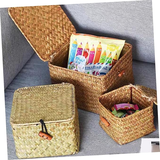 IMIKEYA 1Pc Natural Woven Storage Box with Lid Multi Functional present Holding Basket for Home Decor for Organizing Bedroom Stylish