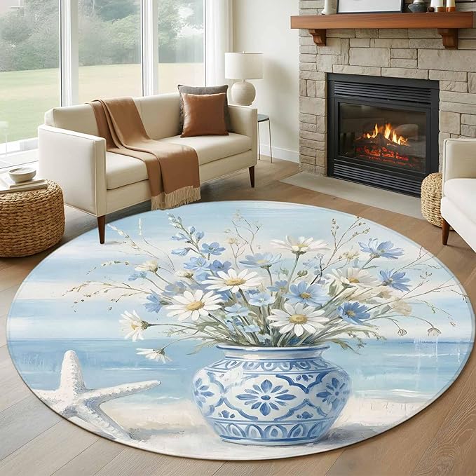 Washable Round Area Rug Summer Beach Starfish Flower Circle Rugs Floor Carpet for Living Room Bedroom, Marine Theme Daisy Vase Soft Non Slip Round Rug 5ft
