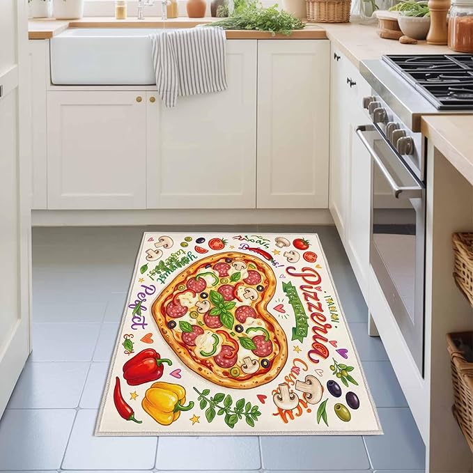 Area Rug 2x3ft, Cartoon Pizza Watercolor Graffiti Washable Rugs for Living Room Bedroom, Farmhouse Vegetable Leaves Soft Non-Slip Area Rugs Rectangle Floor Carpet for Dining Room
