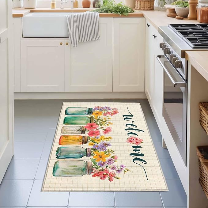 Area Rug 2x3ft, Summer Pastoral Flower Buffalo Plaid Washable Rugs for Living Room Bedroom, Rustic Blossom Floral Soft Non-Slip Area Rugs Rectangle Floor Carpet for Dining Room