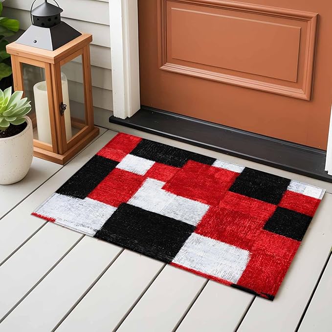 Area Rug 2x3ft, Red Black White Gradient Washable Rugs for Living Room Bedroom, Abstract Color Block Soft Non-Slip Area Rugs Rectangle Floor Carpet for Dining Room