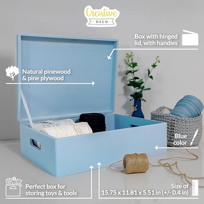 Creative Deco XL Blue Wooden Box Storage with Hinged Lid | 15.8x11.8x5.5in (+-0.5) | Keepsake with Handles | Gift Box for Tool Dog Toy Kitchen Storage | Wood Chest Trunk
