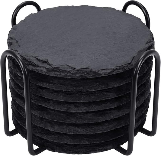 Slate Drink Coasters with Metal Holder, GOH DODD Set of 8 Black Coasters, 4 Inch Stone Coaster Set Tabletop Protection for Home Kitchen Apartment Bar Decor Housewarming Gifts Wedding Party, Round