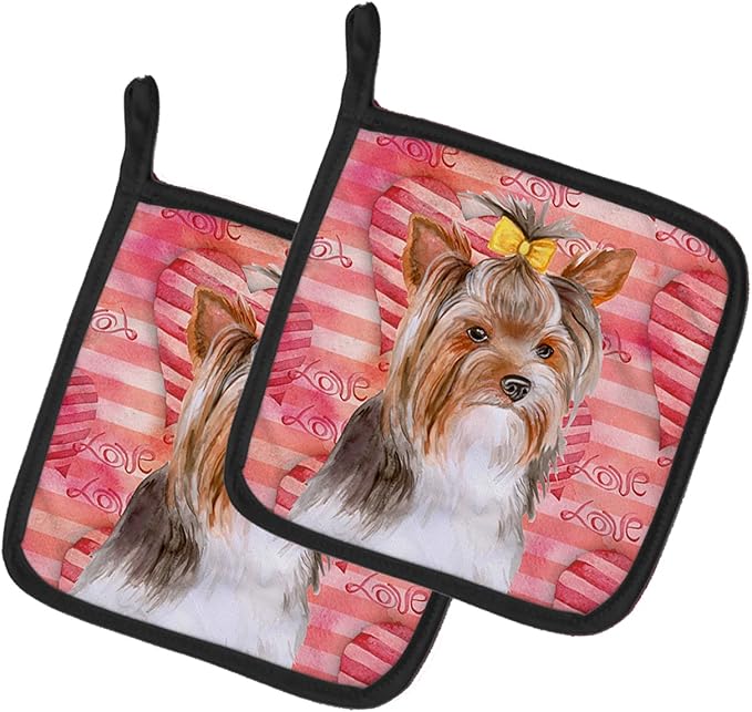Caroline's Treasures BB9810PTHD Yorkshire Terrier #2 Love Pair of Pot Holders, Red Kitchen Heat Resistant Pot Holders Sets Oven Hot Pads for Cooking Baking BBQ, 7 1/2 x 7 1/2