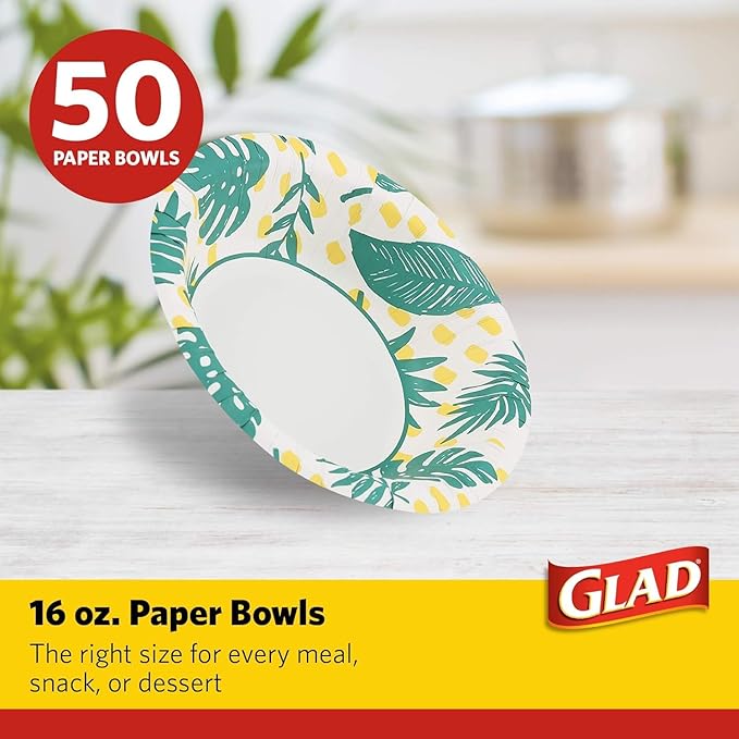 Glad Soak-Proof Palm Leaves Paper Bowls, Heavy-Duty Round Disposable Bowls for Soup, Salad and Snacks, Cut-Resistant and Microwave Safe for Daily Meals, Picnics and Parties, 16 Oz, 50 Count - 2 Pack