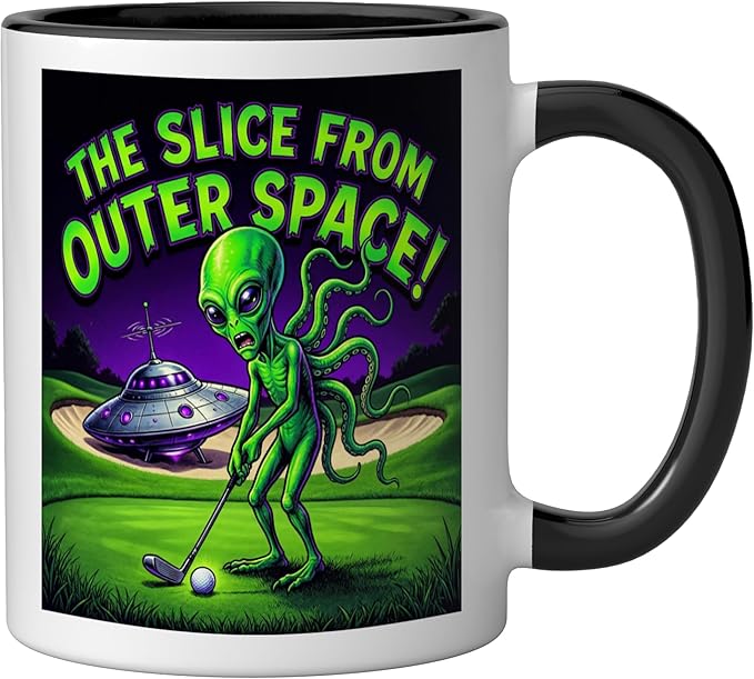 Funny Golfing Alien The Slice From Outer Space Retro UFO Ceramic Mug, Black/White