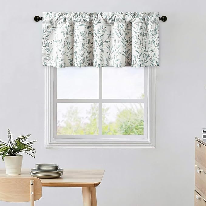 Leeva Farmhouse Leaves Print Semi-Blackout Curtains Valances - Rod Pocket Valance for Kitchen, Laundry, Bedroom & Living Room, 52 x 18 Inch, Blue, One Panel