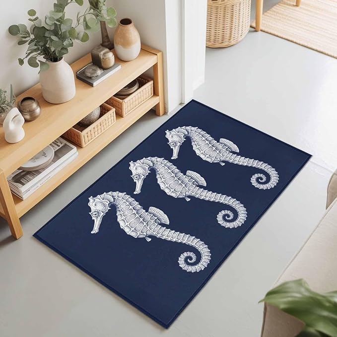 Area Rug 2x3ft, Ocean Life Seahorse Navy Blue Washable Rugs for Living Room Bedroom, Summer Nautical Theme Soft Non-Slip Area Rugs Rectangle Floor Carpet for Dining Room