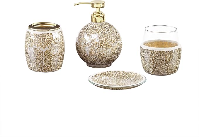 Madison Park Mosaic Bathroom Accessories Set , 4 Piece Bath Accessory Sets With Gold Soap Dispenser , Toothbrush Holder , Tumbler And Ring Tray