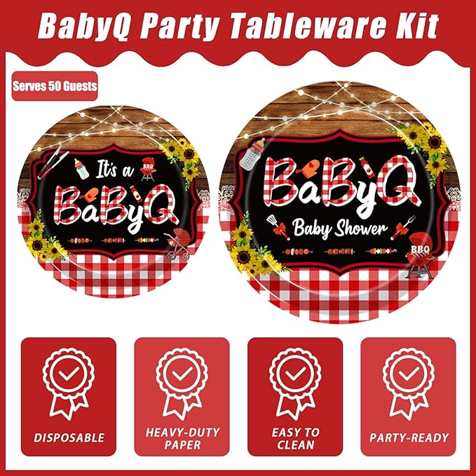 200Pcs BBQ Baby Shower Decorations, It’s A BabyQ Party Plates and Napkins Supplies Set Sunflower Rustic Wood Barbecue Baby Shower Gender Reveal Picnic Party Disposable Tableware Kit, Serves 50