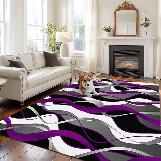 Area Rug 6x9ft, Abstract Purple Gray Black White Stripes Washable Rugs for Living Room Bedroom, Modern Lines Soft Non-Slip Area Rugs Rectangle Floor Carpet for Dining Room