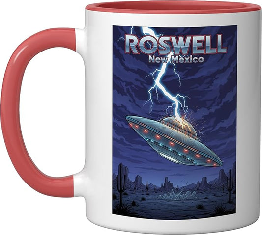 Roswell UFO Flying Saucer New Mexico Souvenir Lightning Ceramic Mug, Red/White
