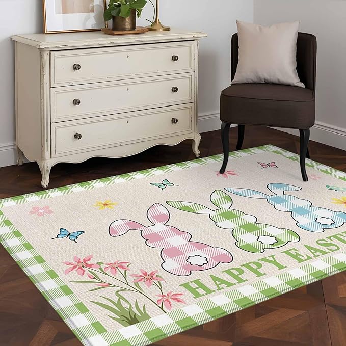 Area Rug 4x6ft, Happy Easter Bunny Shadow Flowers Washable Rugs for Living Room Bedroom, Retro Linen Cotton and Grid Soft Non-Slip Area Rugs Rectangle Floor Carpet for Dining Room