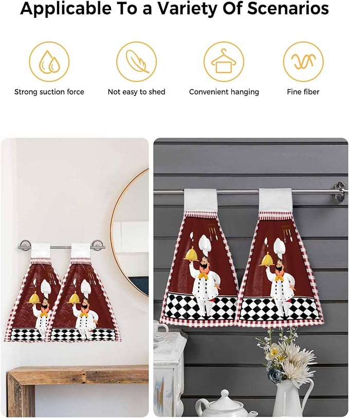 Alandar Home Kitchen Tie Towel Set of 2, Funny Chef Kitchen Tableware Absorbent Soft Hand Towels for Bathroom Hanging Towels, Burgundy Red Black Lattice Fast Drying Cleaning Cloth with Loop