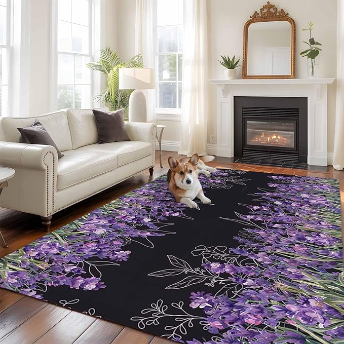 Area Rug 6x9ft, Spring Purple Lavender Flower Washable Rugs for Living Room Bedroom, Watercolor Floral on Black Soft Non-Slip Area Rugs Rectangle Floor Carpet for Dining Room