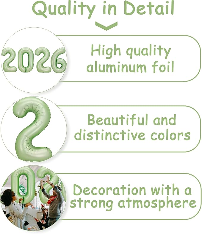Huge Sage Green 2026 New Year Balloons 40 Inch 2026 Olive Green Mylar Foil Helium Number Balloons 2026 Christmas New Year Eve Graduation Party Decorations Supplies