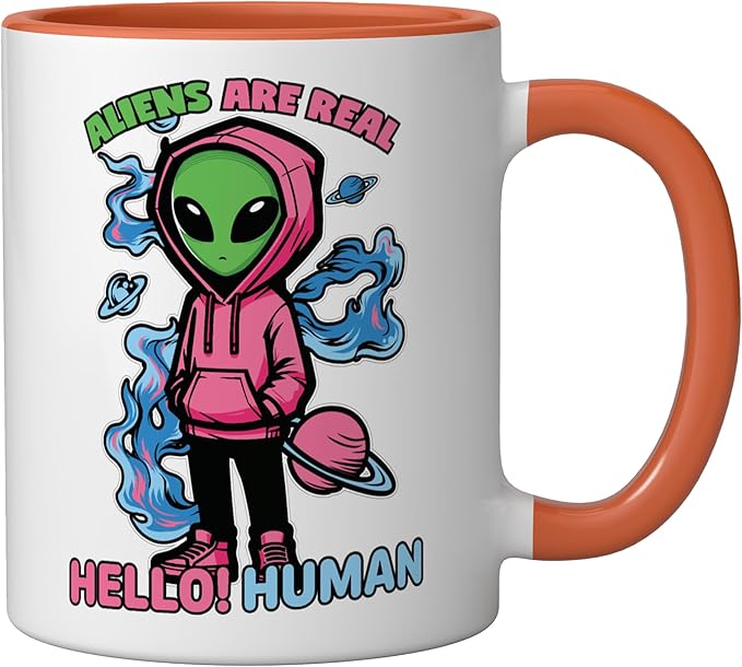 Aliens Are Real UFO Flying Saucer Grey Alien Sci-Fi Art Ceramic Mug, Orange/White