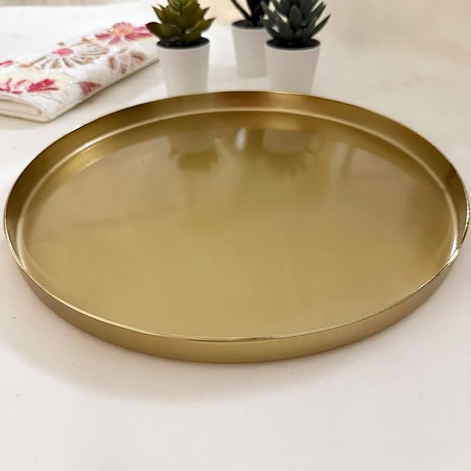 Enliven Gold Round Tray 12 Inch Brass Serving Platter | Hammered Metal Decorative Plate for Coffee Table, Bar, Kitchen, Bathroom & Display