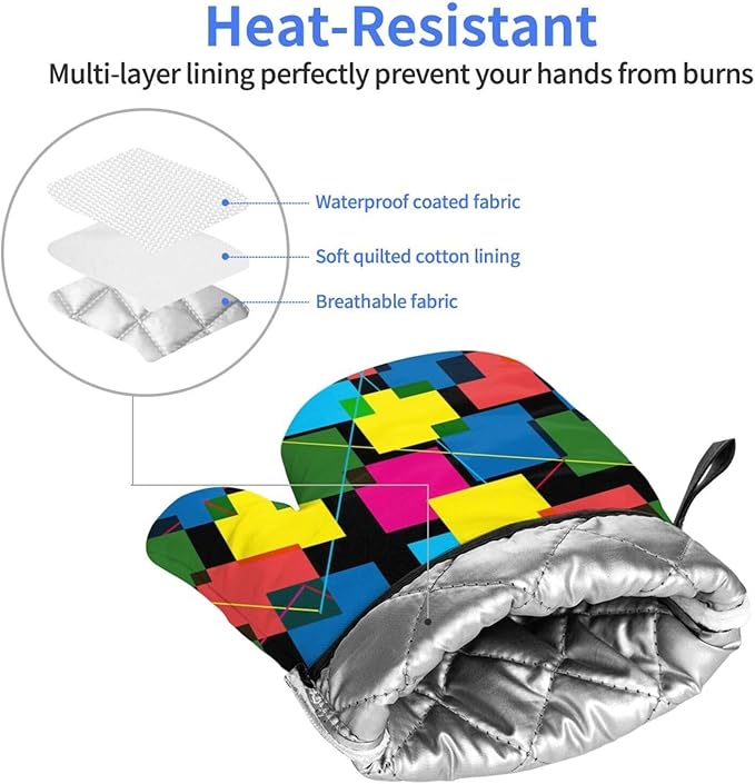 Colored Geometric Square Joined Patterns Oven Mitts of 2-Pack Set, Kitchen Gloves Heat Resistant Non-Slip Kitchen Mitts Safe Cooking Baking Grilling