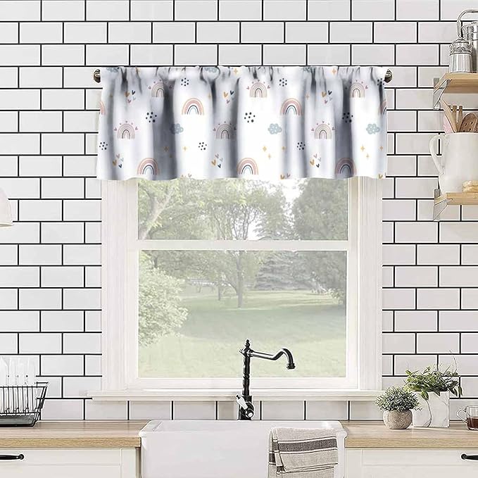 Kids Rainbow Valance Curtain, Cute Cartoon Boho Rainbow Heart Stars Window Treatment for Kitchen Bedroom Living Room Nursery, 54x18Inch