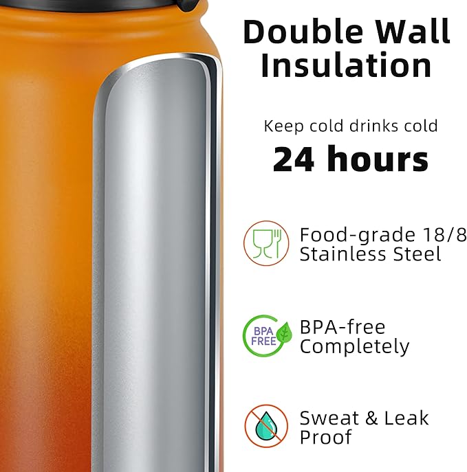 Fanhaw 40 oz Insulated Stainless Steel Water Bottle with Straw Lid, Leakproof Extra-Large Sports Bottle for Men & Women (Yellow Orange)