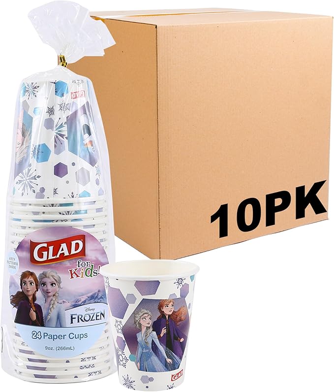 Glad for Kids Disney Frozen Disposable Paper Cups, Anna and Elsa - Heavy Duty Soak-Proof Kid-Friendly Drinking Cups, Great for Everyday Meals and Snacks, 9 oz, 24 Count - 10 Pack