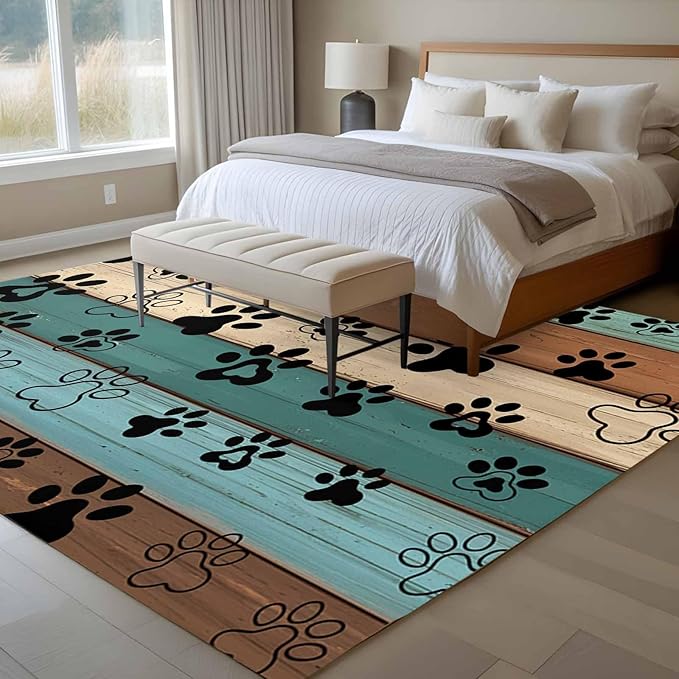 Area Rug 6x9ft, Farm Brown Wood Board Washable Rugs for Living Room Bedroom, Dog Paw Print Animal Footprint Soft Non-Slip Area Rugs Rectangle Floor Carpet for Dining Room