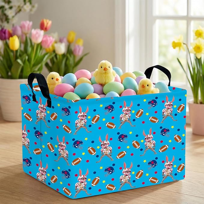 Kid Large Empty Easter Basket Gift Personalized Fabric Bunny Easter Basket for Boy and Girl Room Decor Storage Bin (Rabbit Rugby Blue)