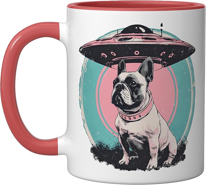 Retro UFO French Bulldog Alien Sci Fi Space Ceramic Mug, Red/White